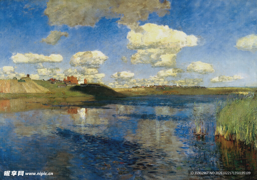河畔晴空风景油画