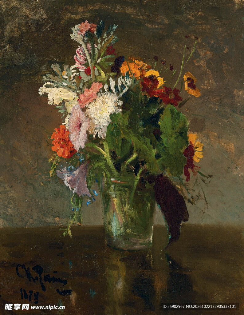 瓶中花卉静物油画