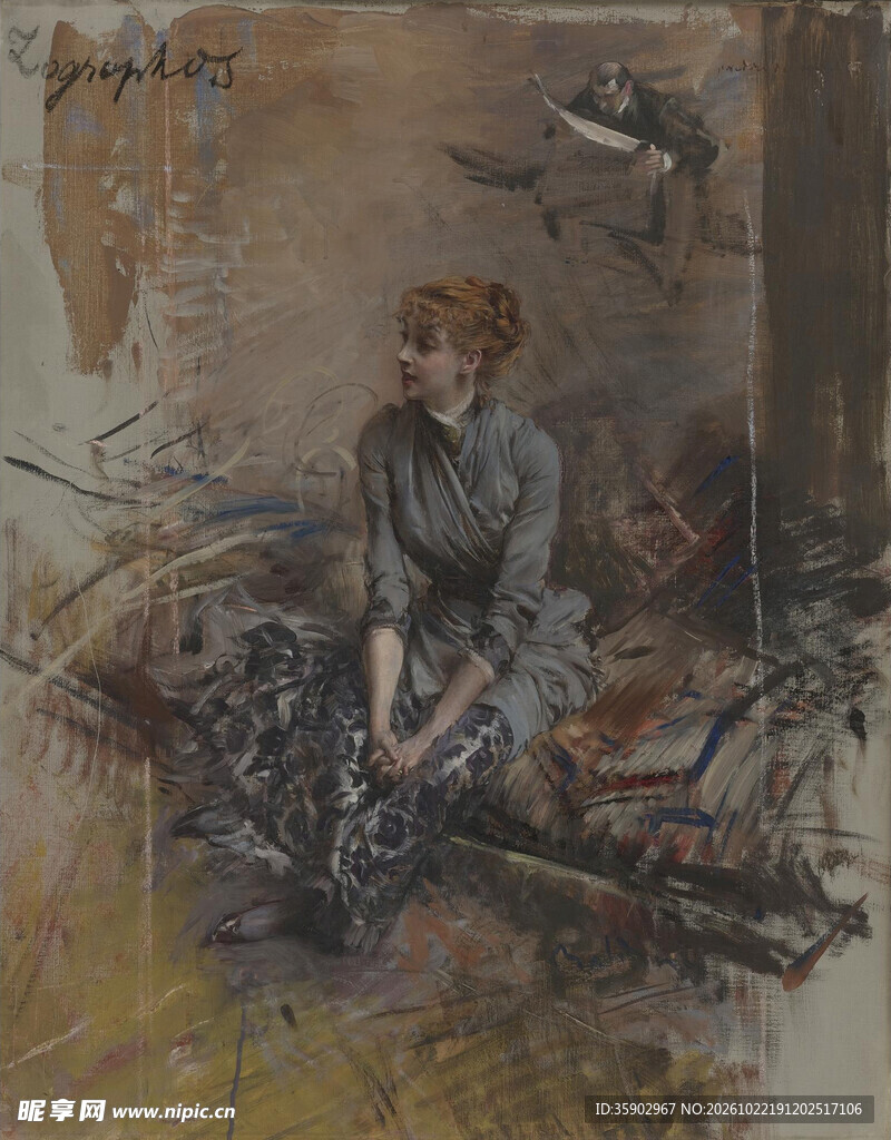 室内静坐女子油画