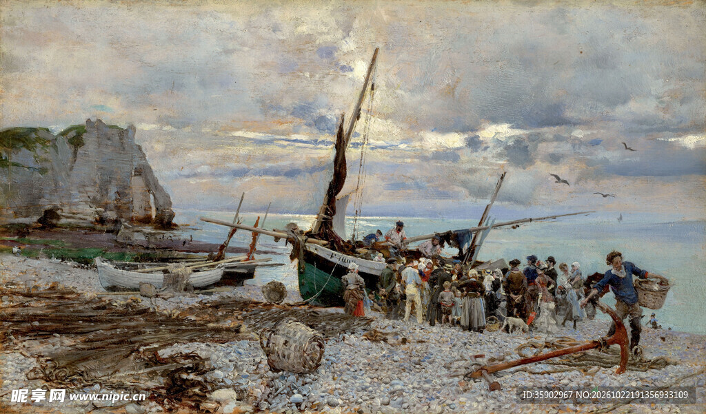 海岸渔船风景油画