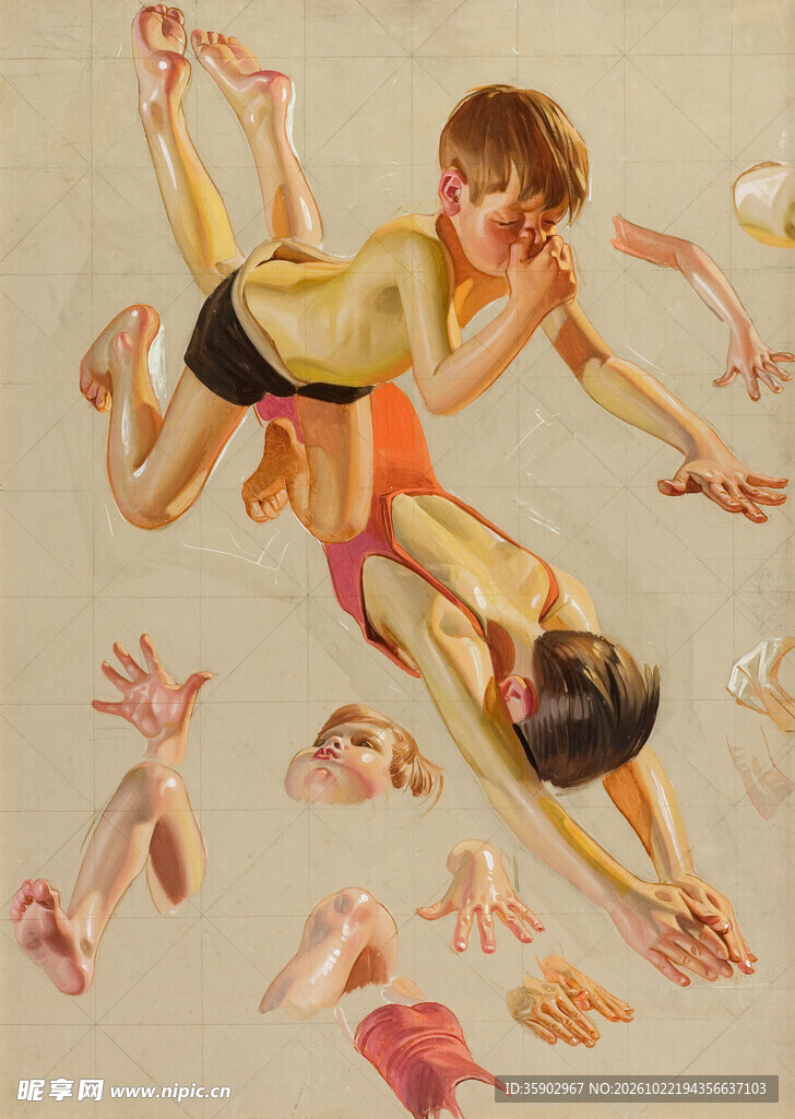 双人水下游泳复古插画