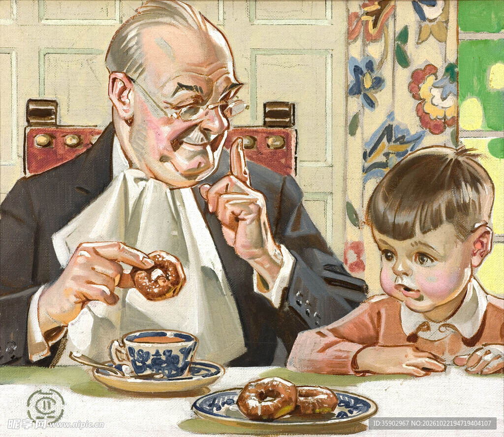 爷孙共享茶点复古插画