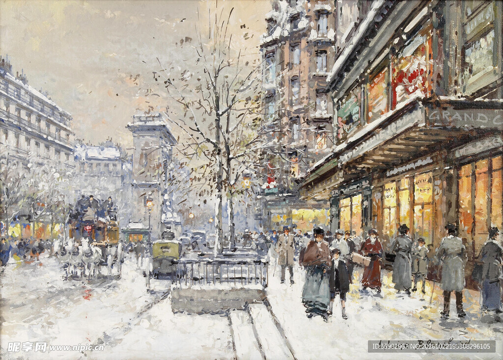冬日落雪城市街景油画