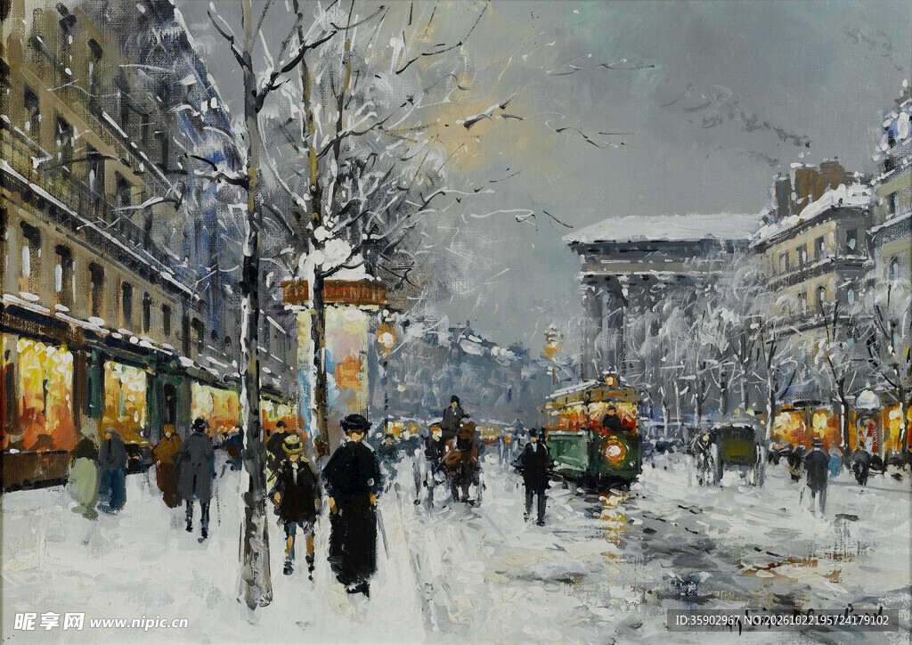 巴黎冬日雪景街景油画