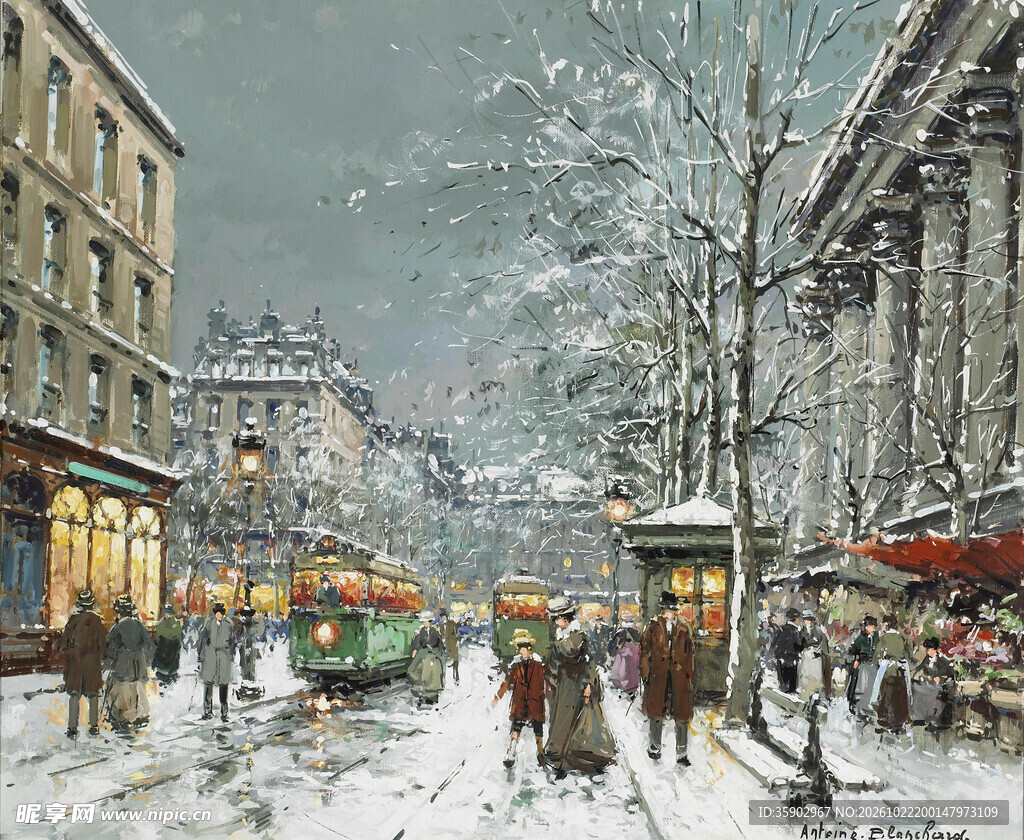 雪天欧式老城街景油画