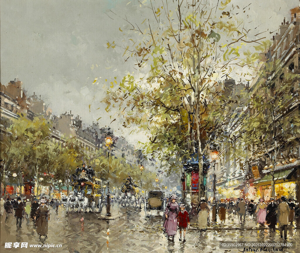 雨中秋日街景油画