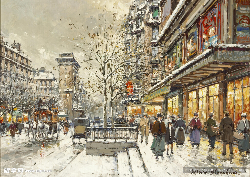 雪天巴黎街景油画
