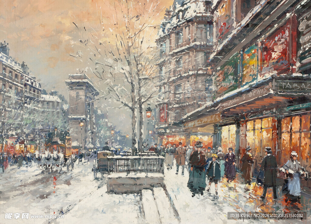 雪天欧式街景油画
