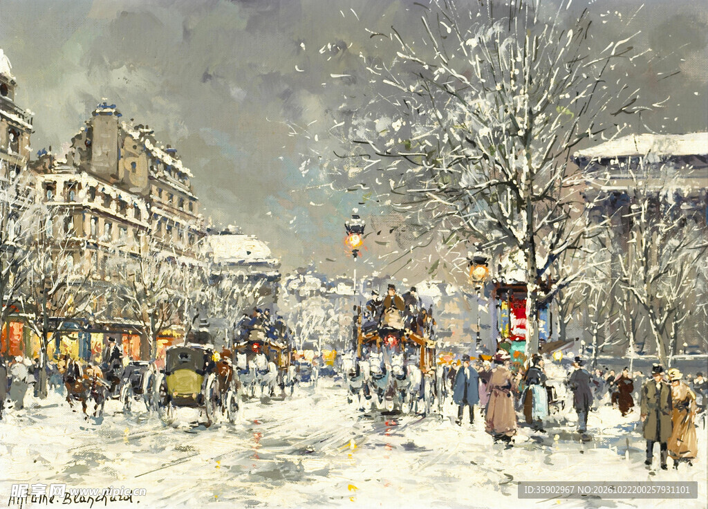 雪天欧式街景油画