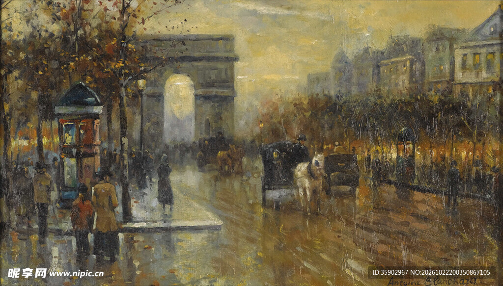 雨后黄昏街景油画