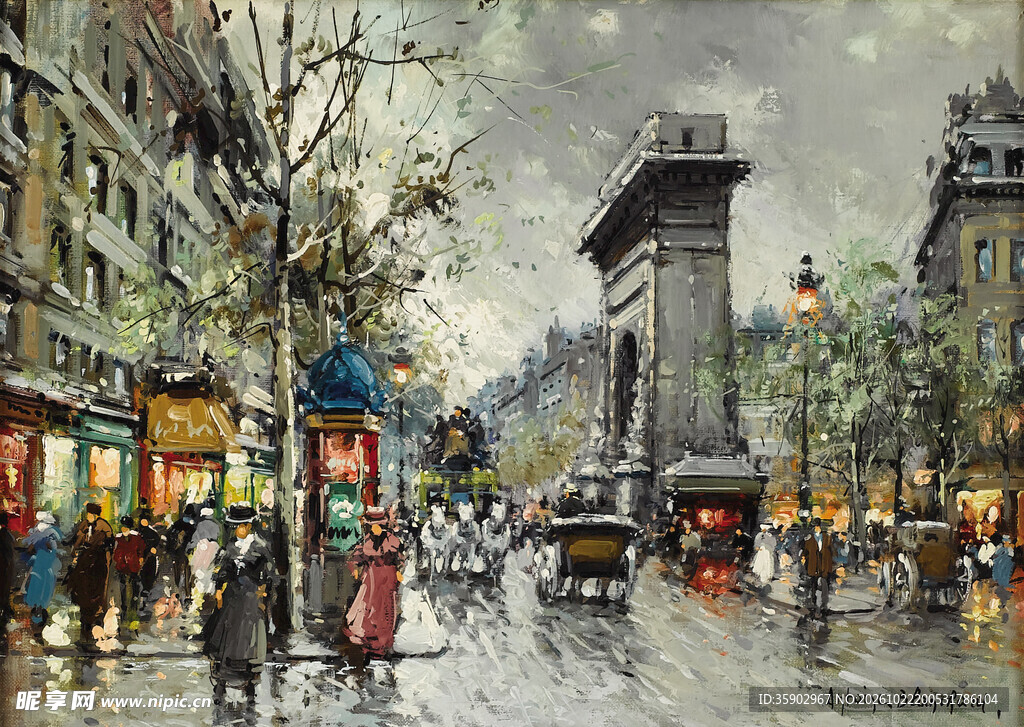 巴黎雨天街景油画