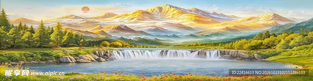 湖畔晨曦山水风光