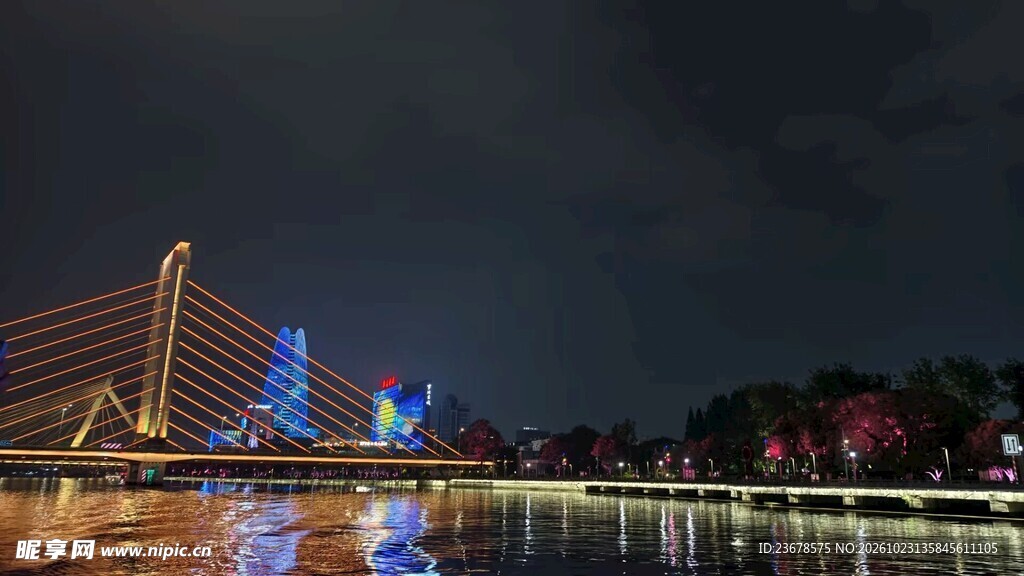 河畔斜拉桥夜景