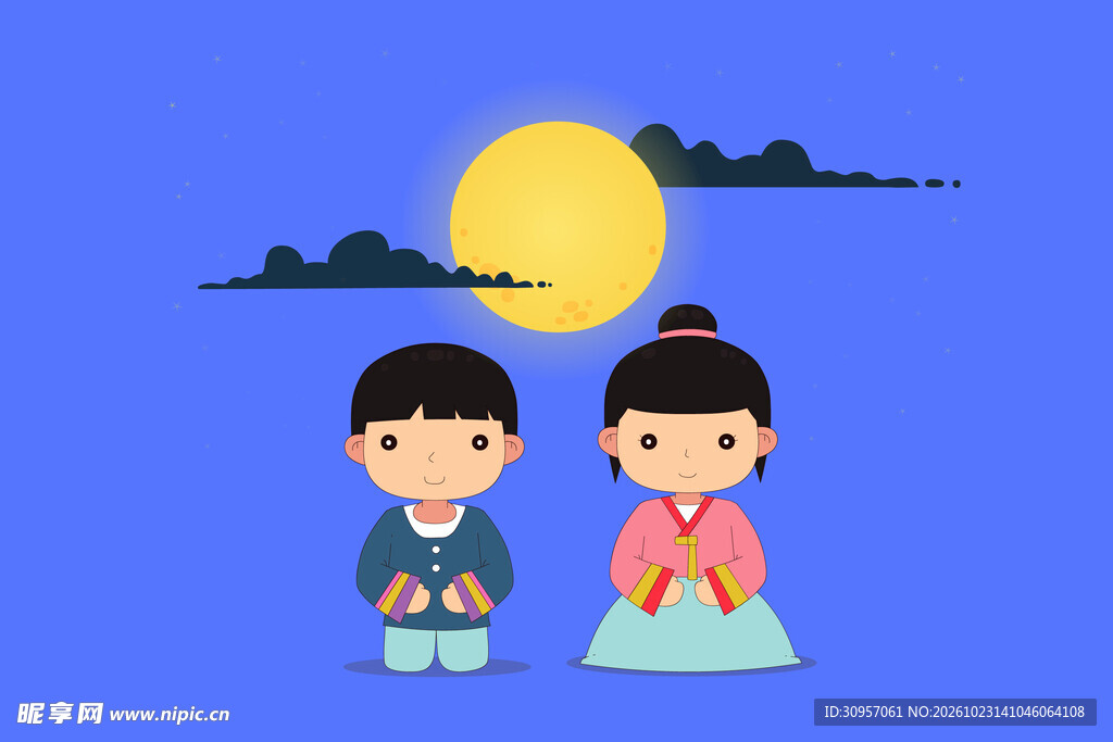 月下韩服孩童插画