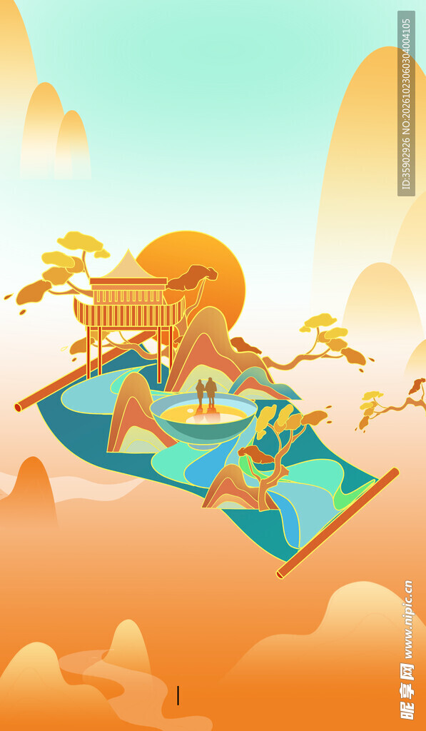 国潮风山水卷轴插画