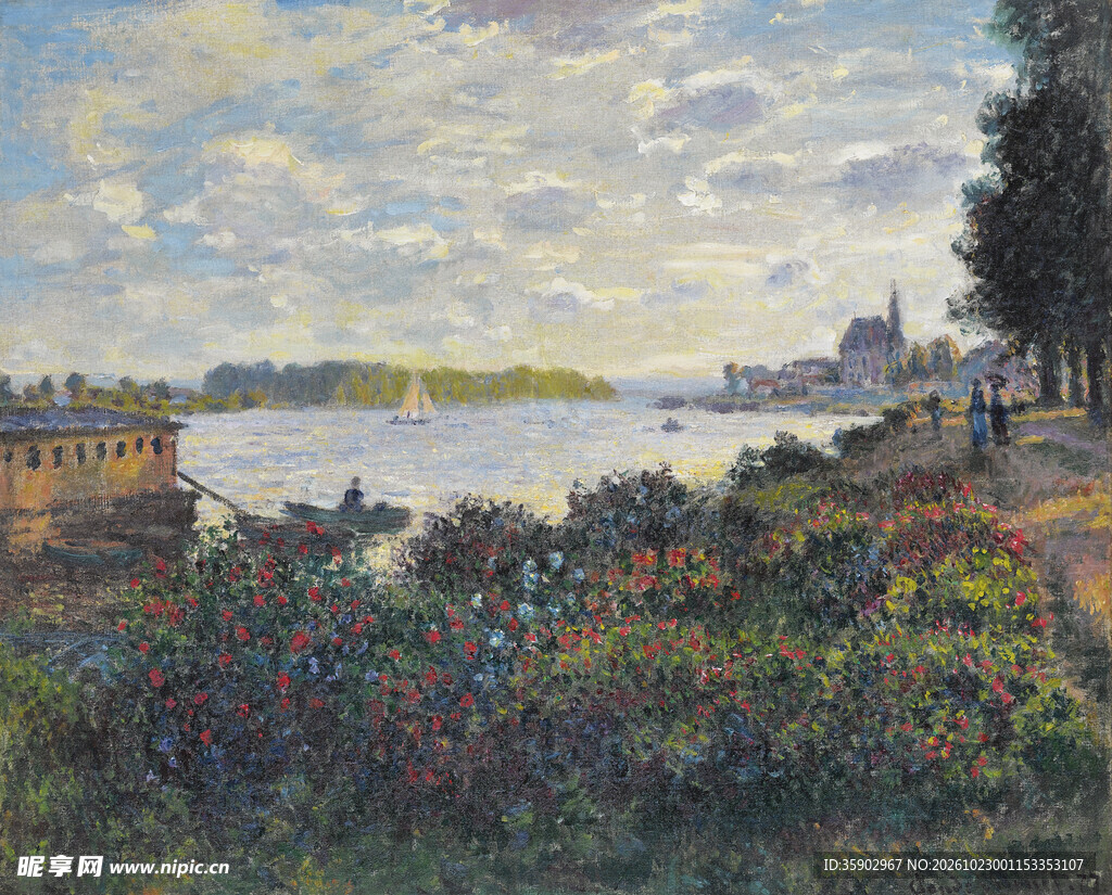 河畔花园风景油画