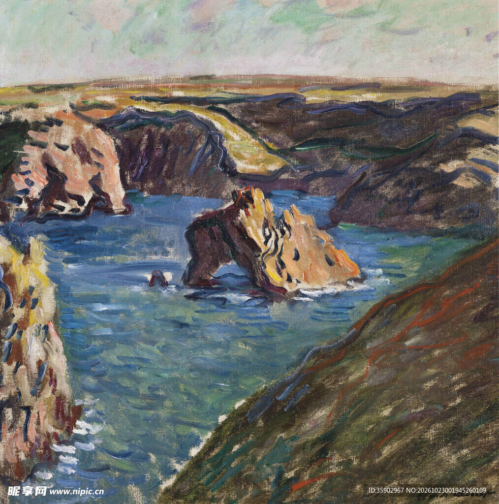 海岸礁石风景油画