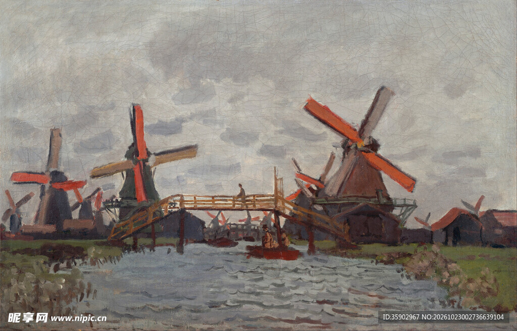 荷兰运河风车风景油画