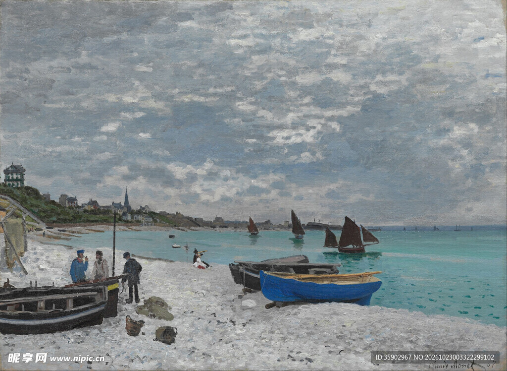 海岸沙滩渔船风景油画