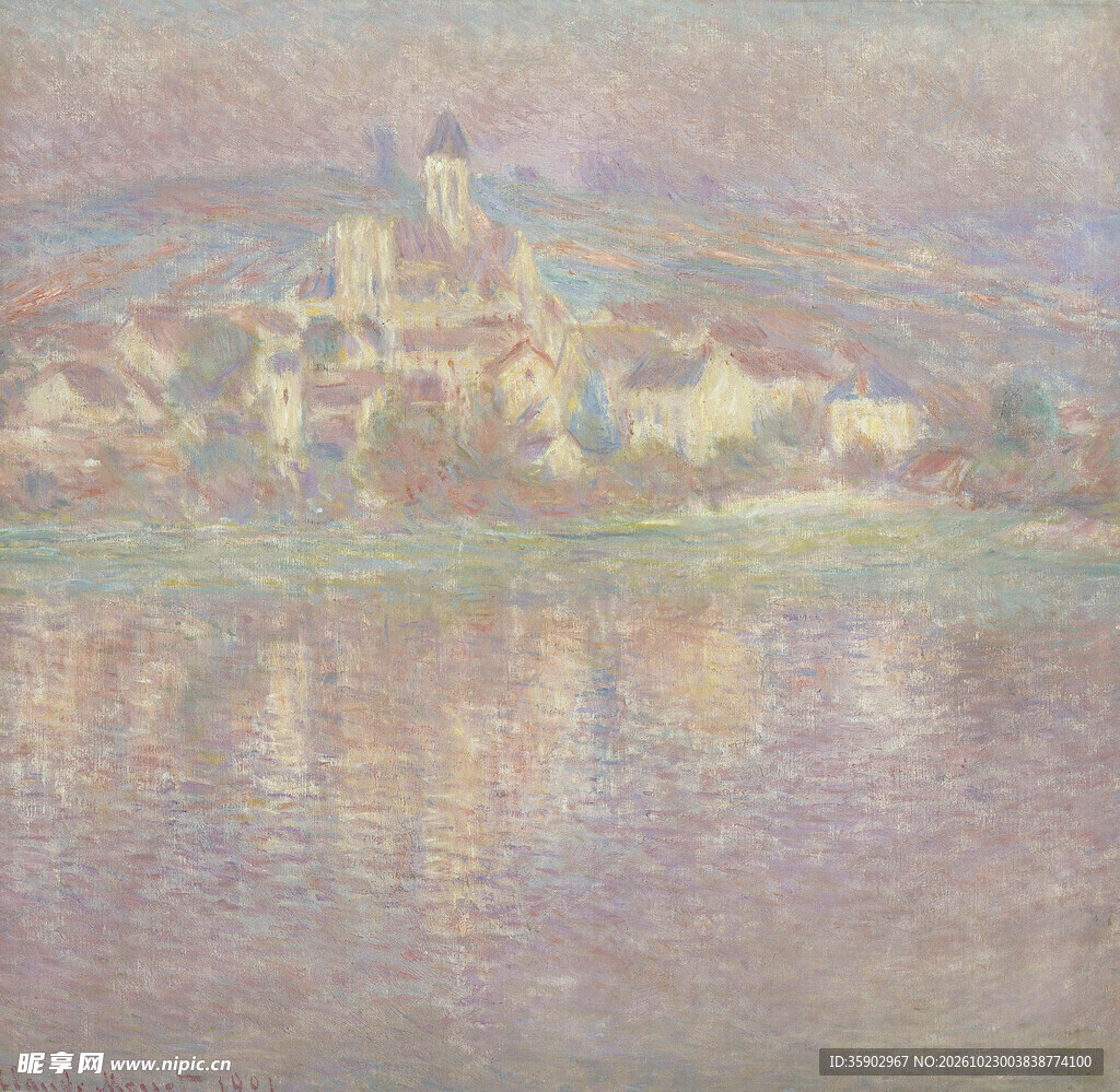 水岸建筑风景油画