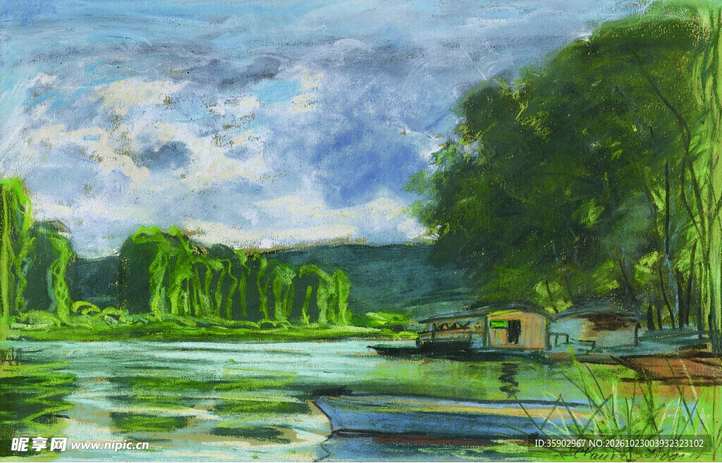 河畔乡村风景油画