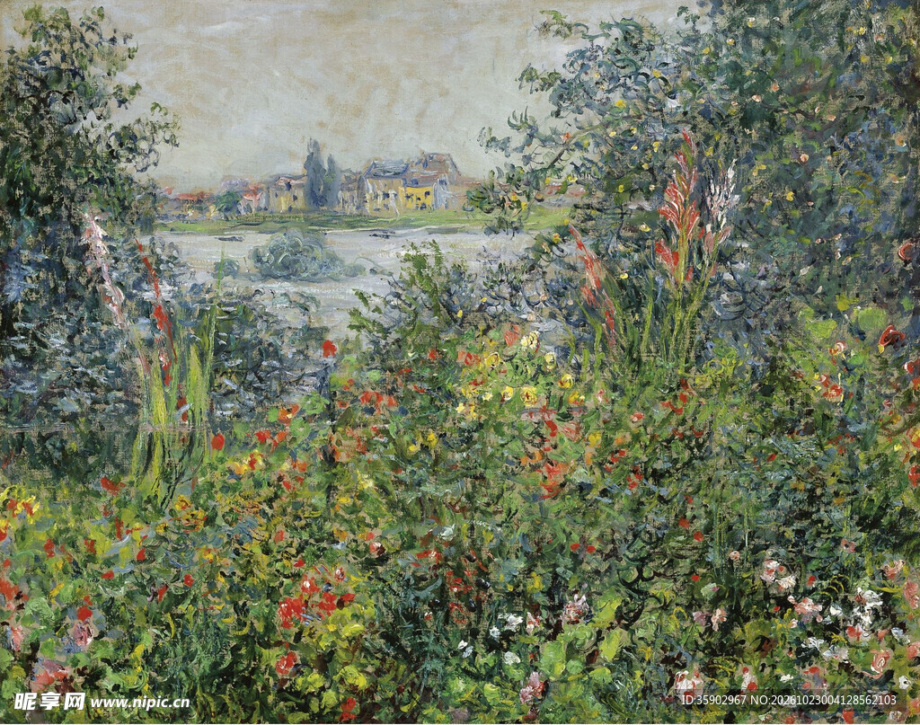 河畔花丛风景油画