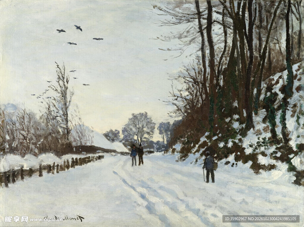 冬日雪景林间漫步油画
