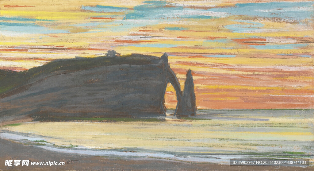 海岸日落石拱剪影