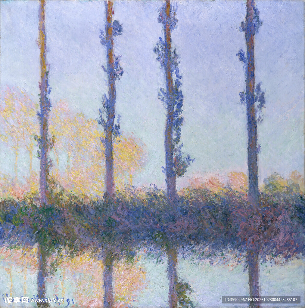 水边杨树风景油画
