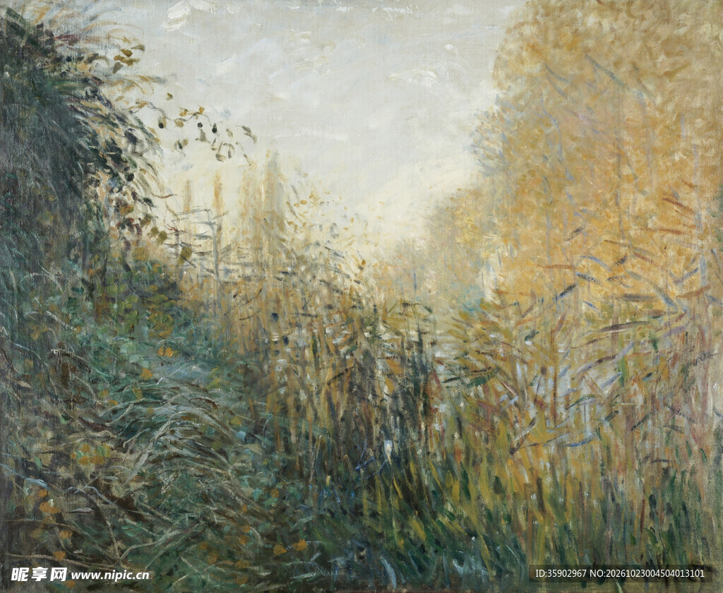 林间晨雾风景油画