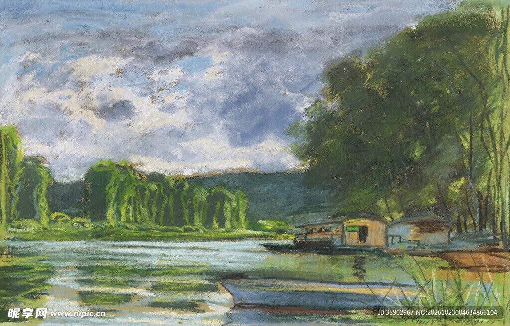 河畔郊野风景油画