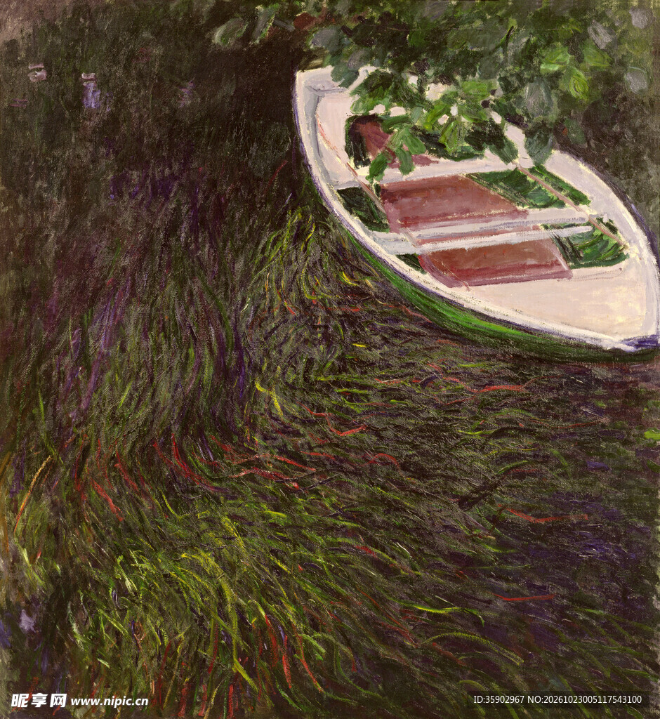 水面泊船风景油画