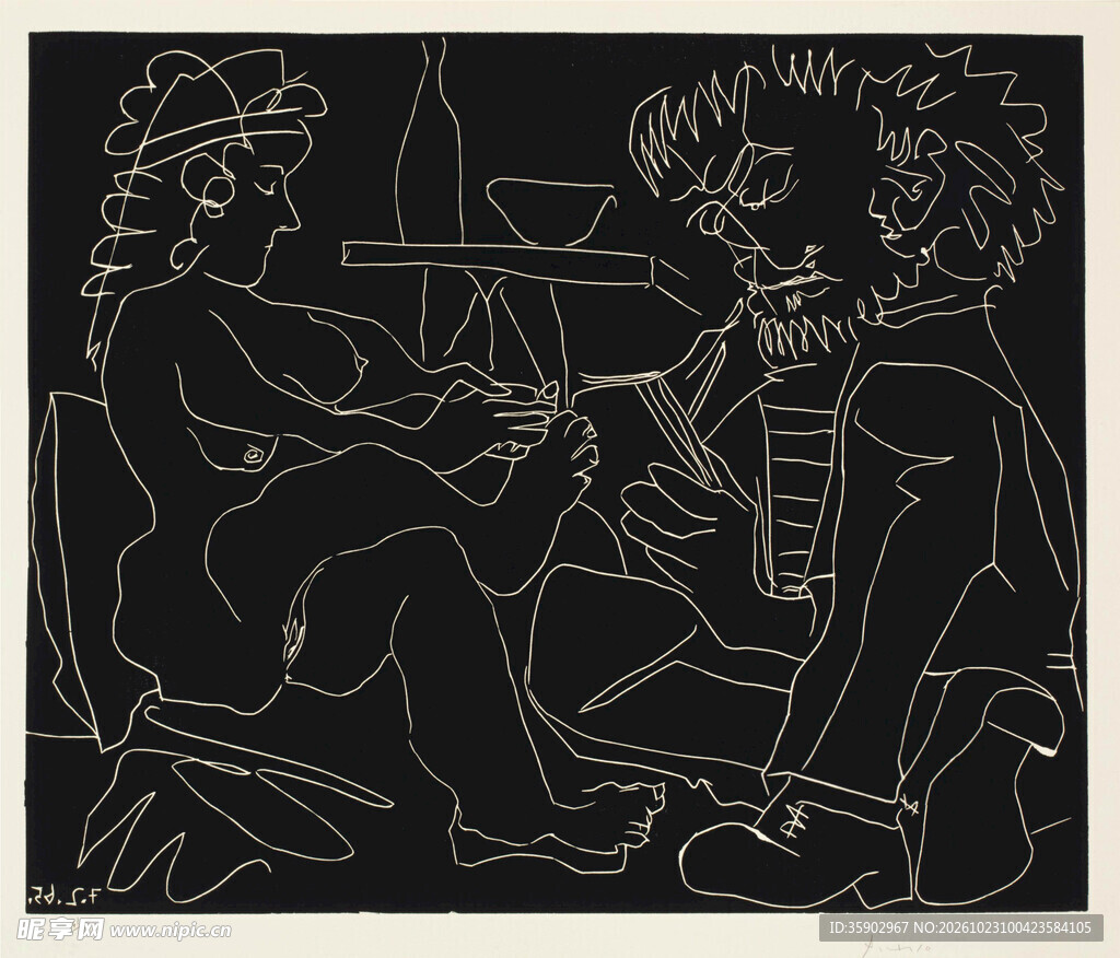 黑白线刻劳作人物版画