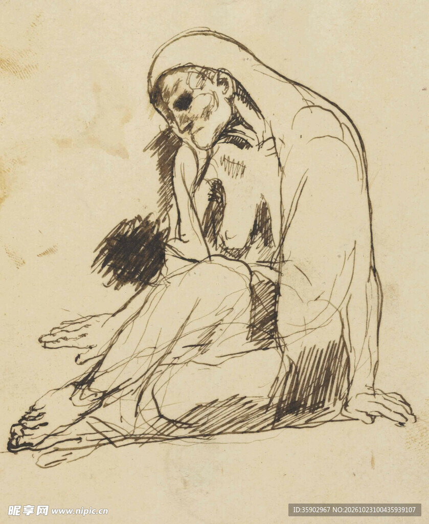 沉思女子素描手稿