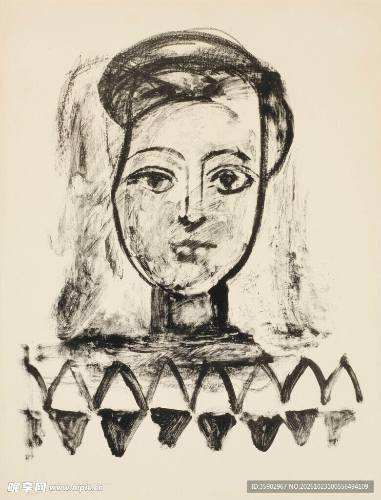 复古女性肖像素描版画