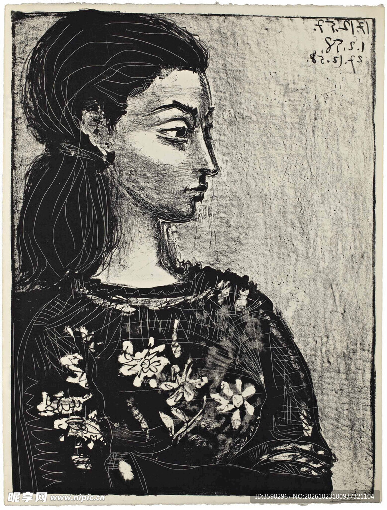 复古女性侧面肖像版画