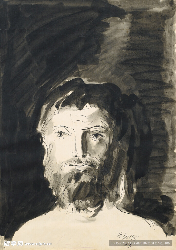 大胡子男子素描肖像