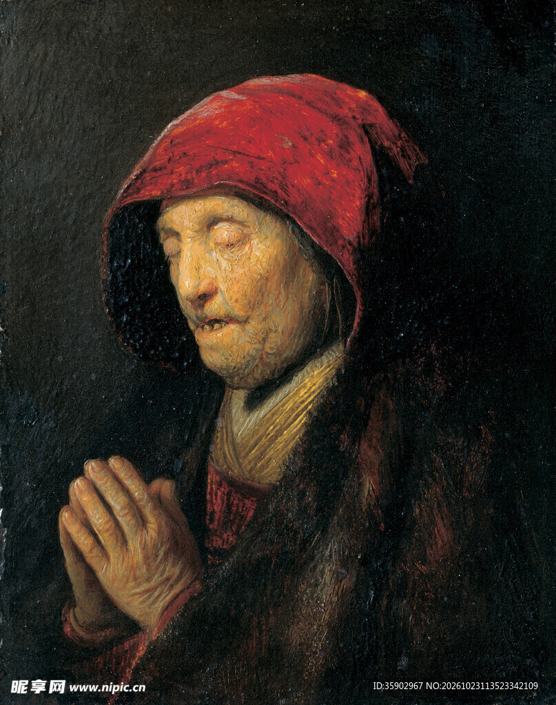 祈祷的红衣妇人肖像油画