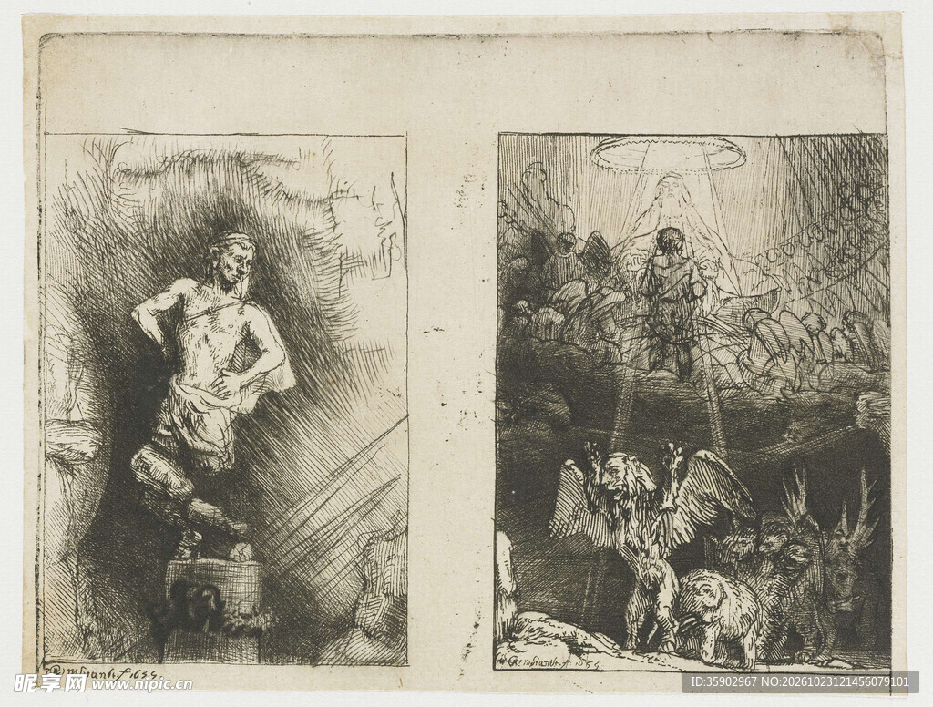 双联复古蚀刻版画
