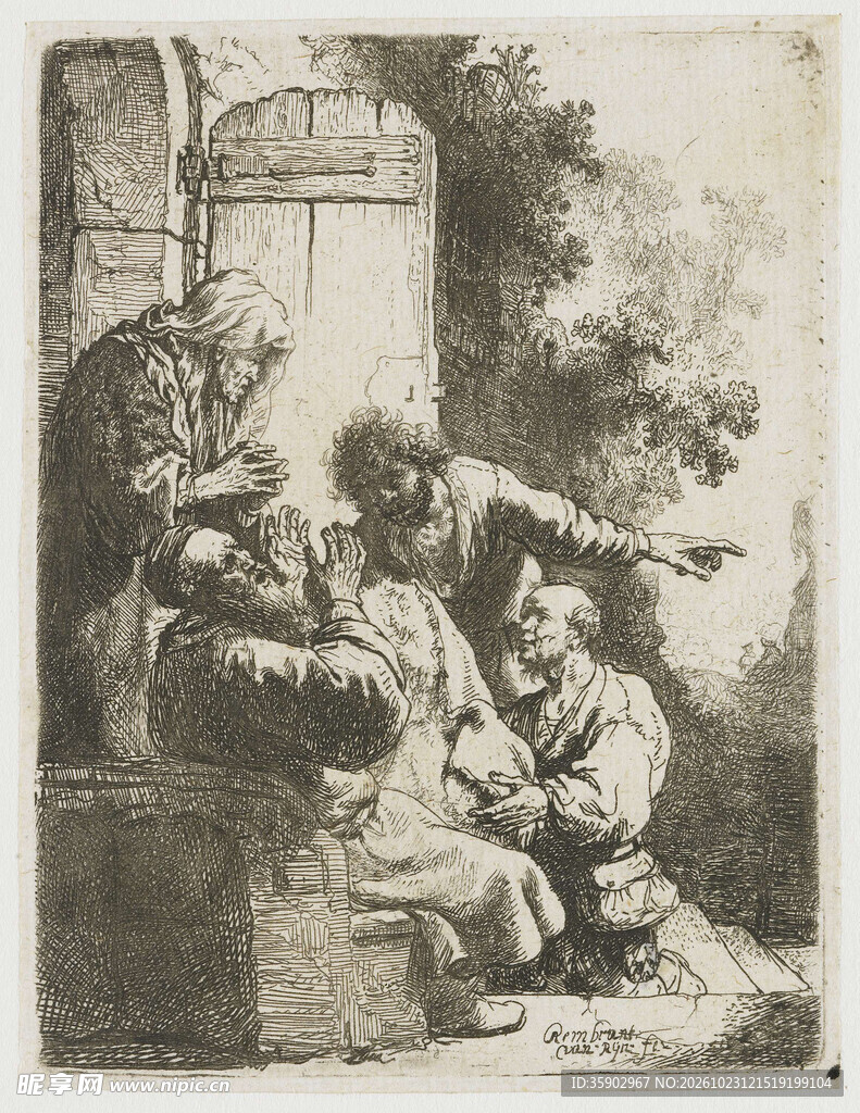 复古庭院人物版画