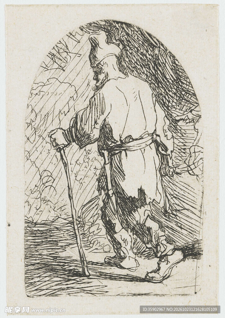 持杖老者复古素描版画