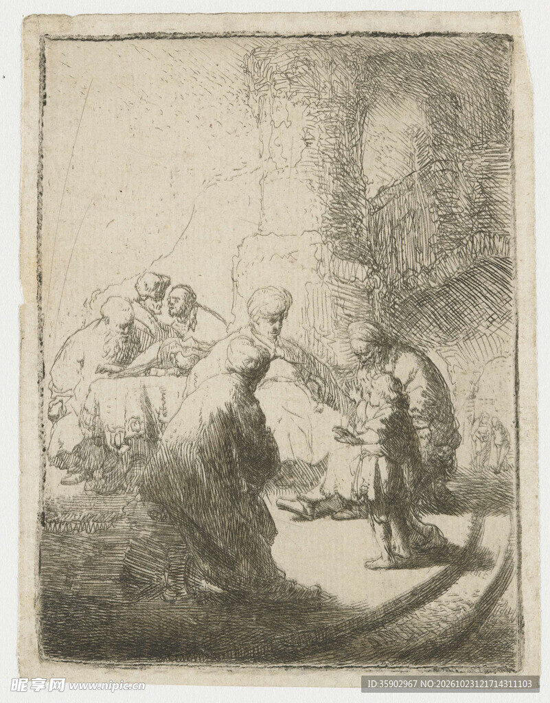 复古素描河畔人物版画
