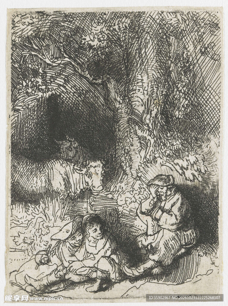 林间休憩人物素描版画