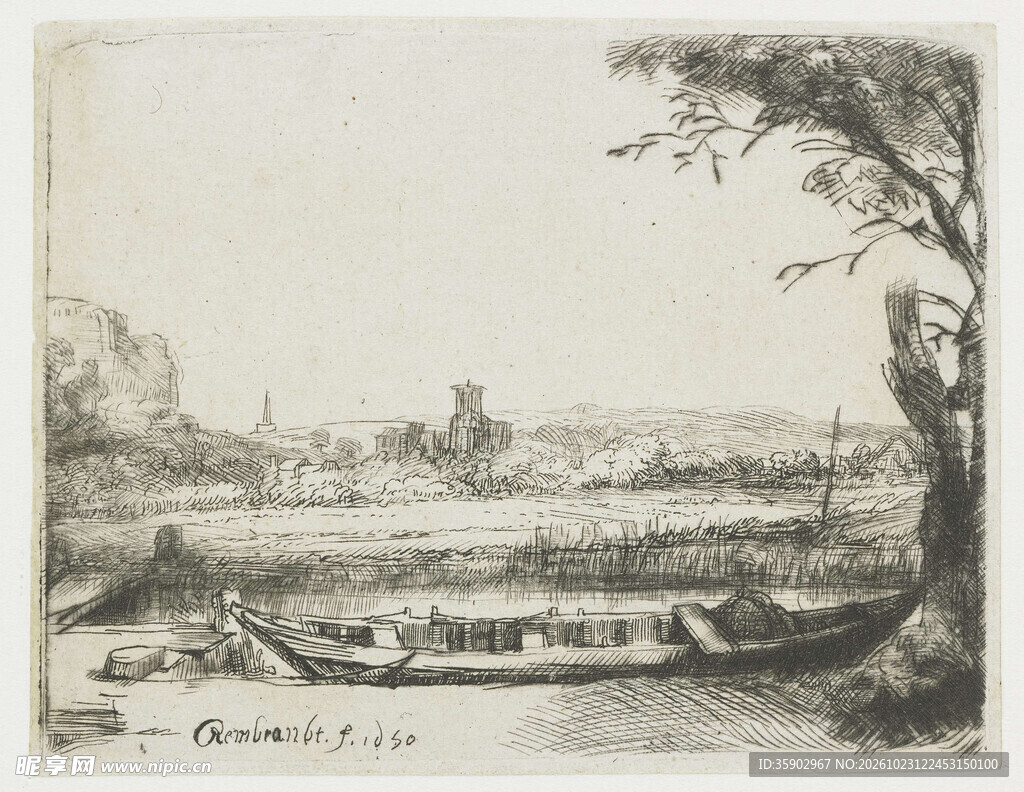 复古河畔风景版画