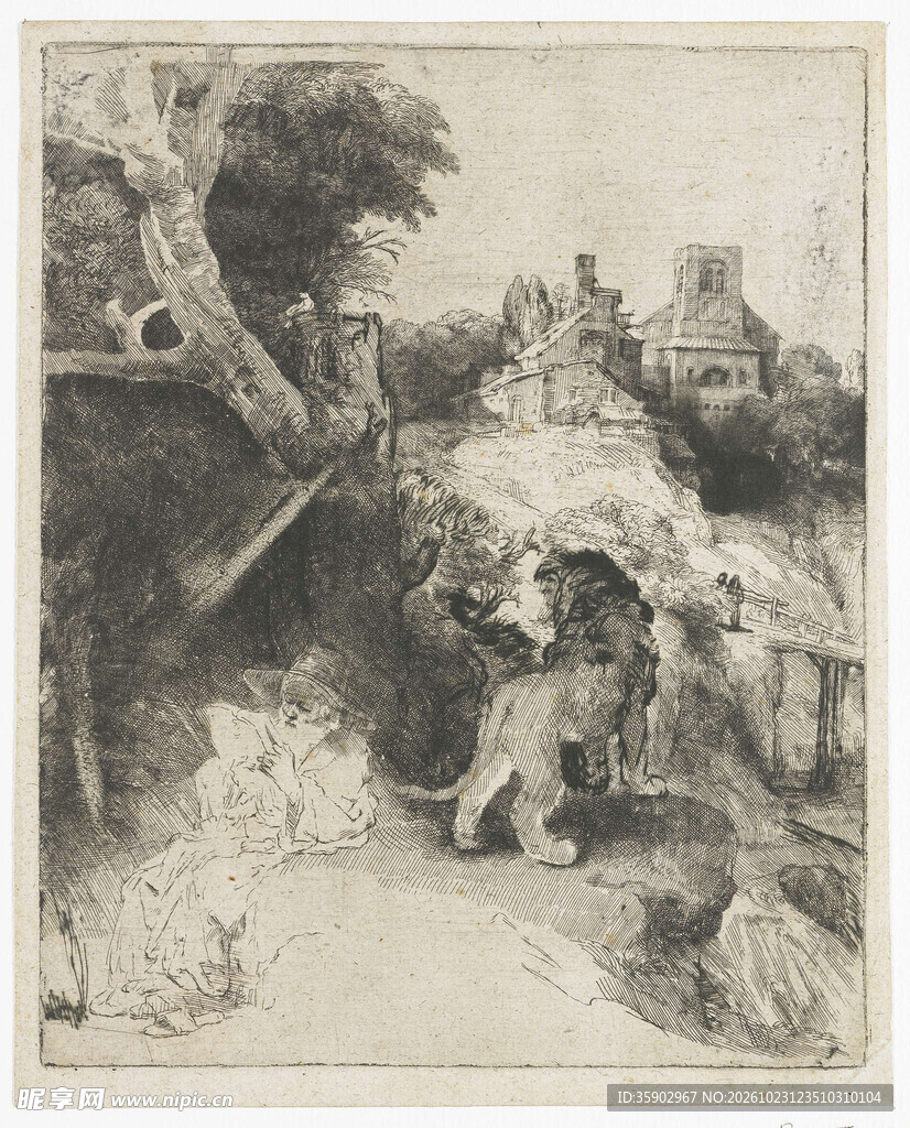 复古乡野石桥风景版画