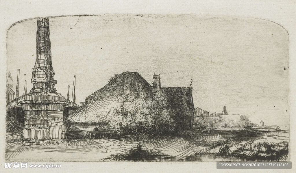 复古水岸风景版画