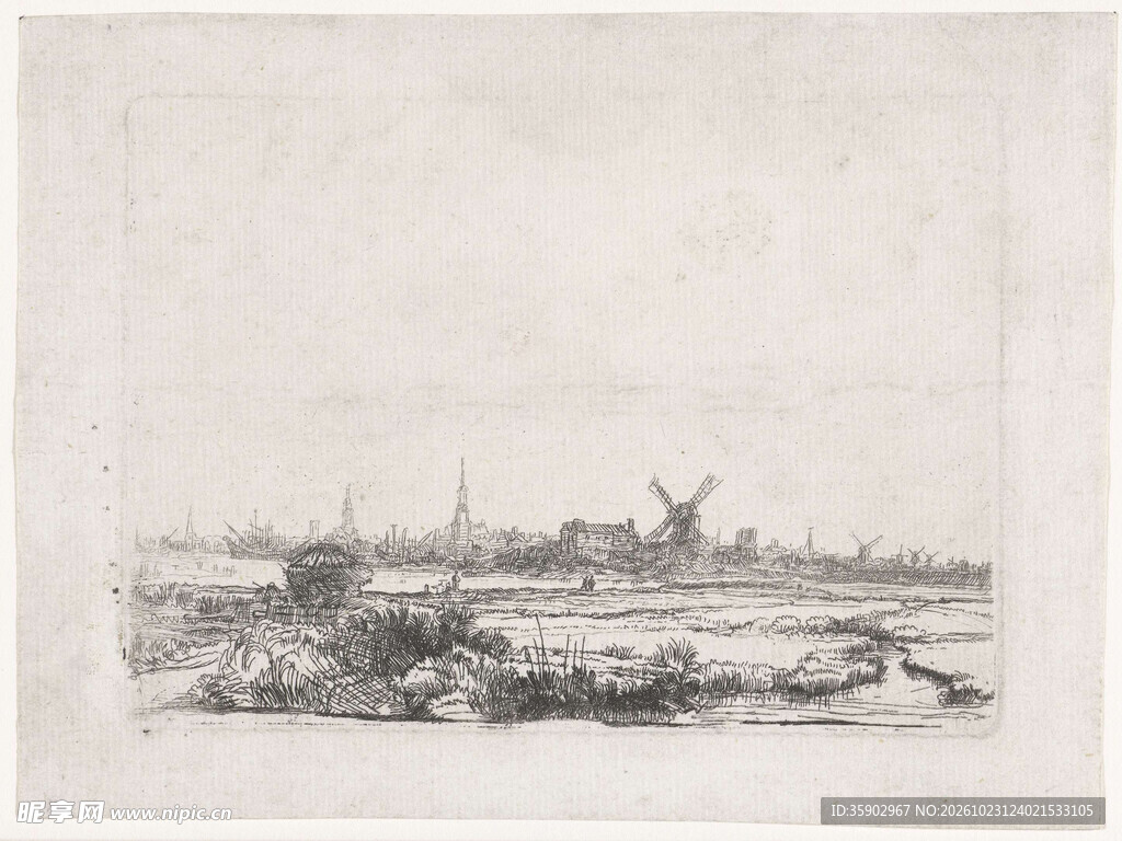郊野风车复古风景版画
