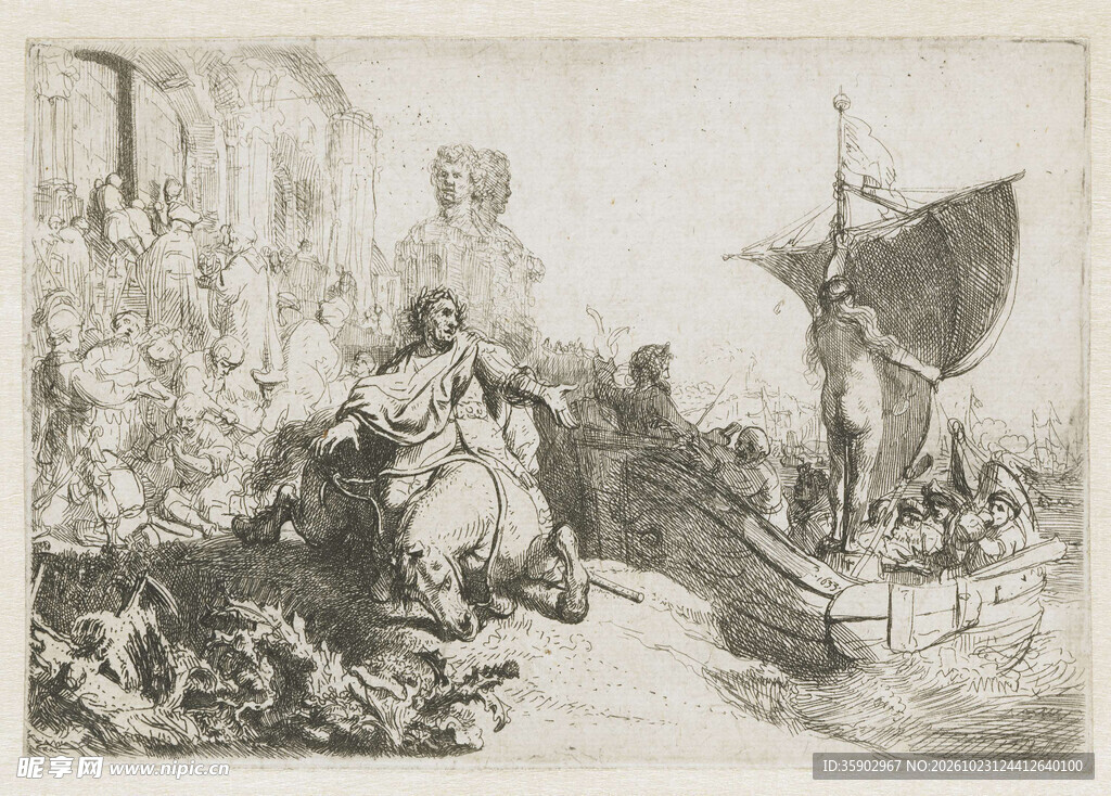 欧式水岸风景老版画