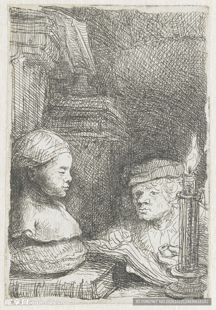 复古双人人物素描版画
