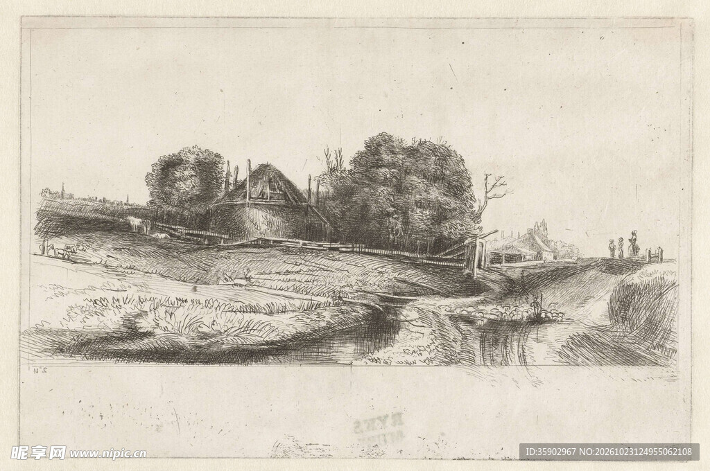 复古素描乡村水岸风景